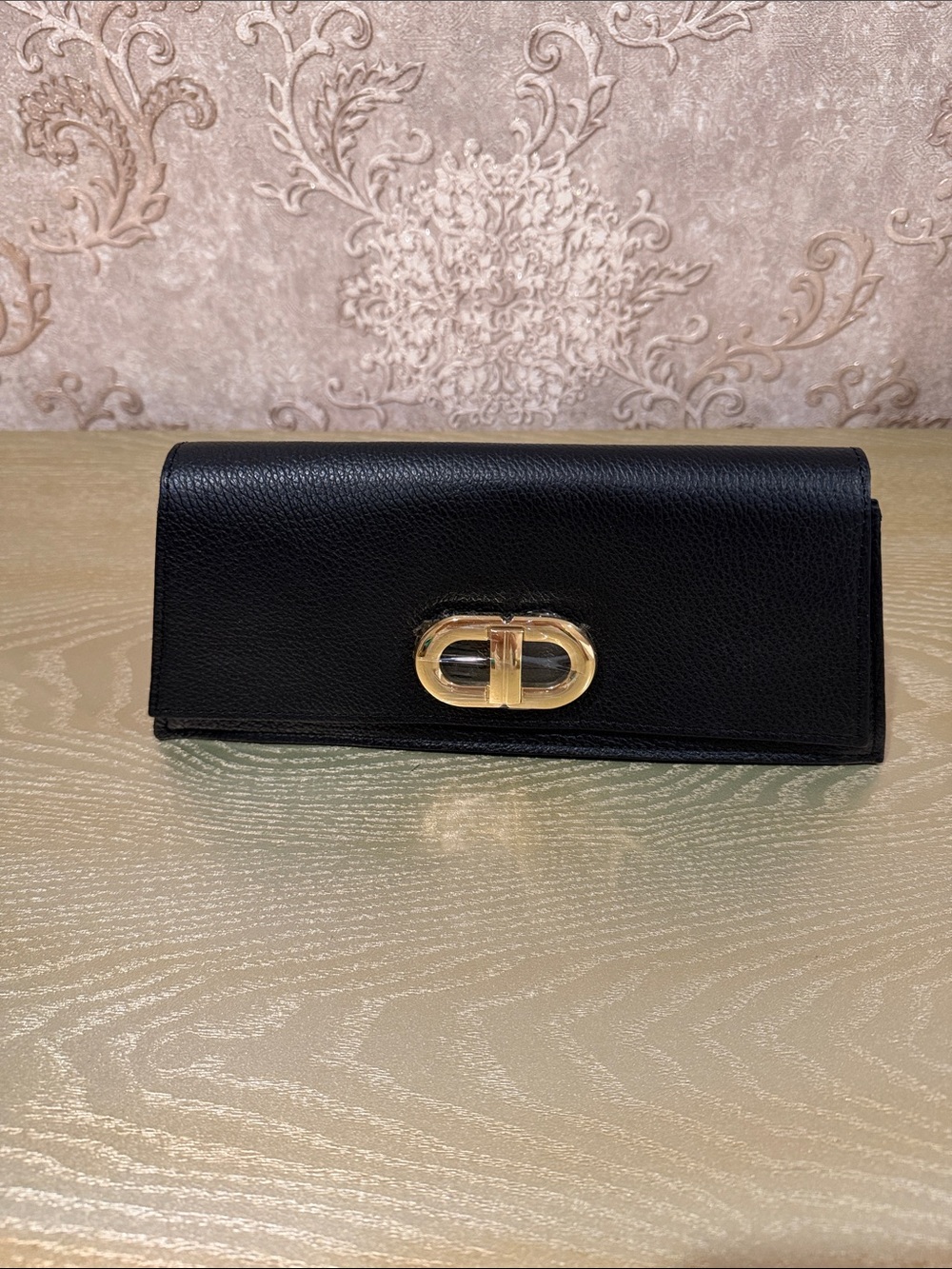 Black Leather Clutch with Gold Twist Lock